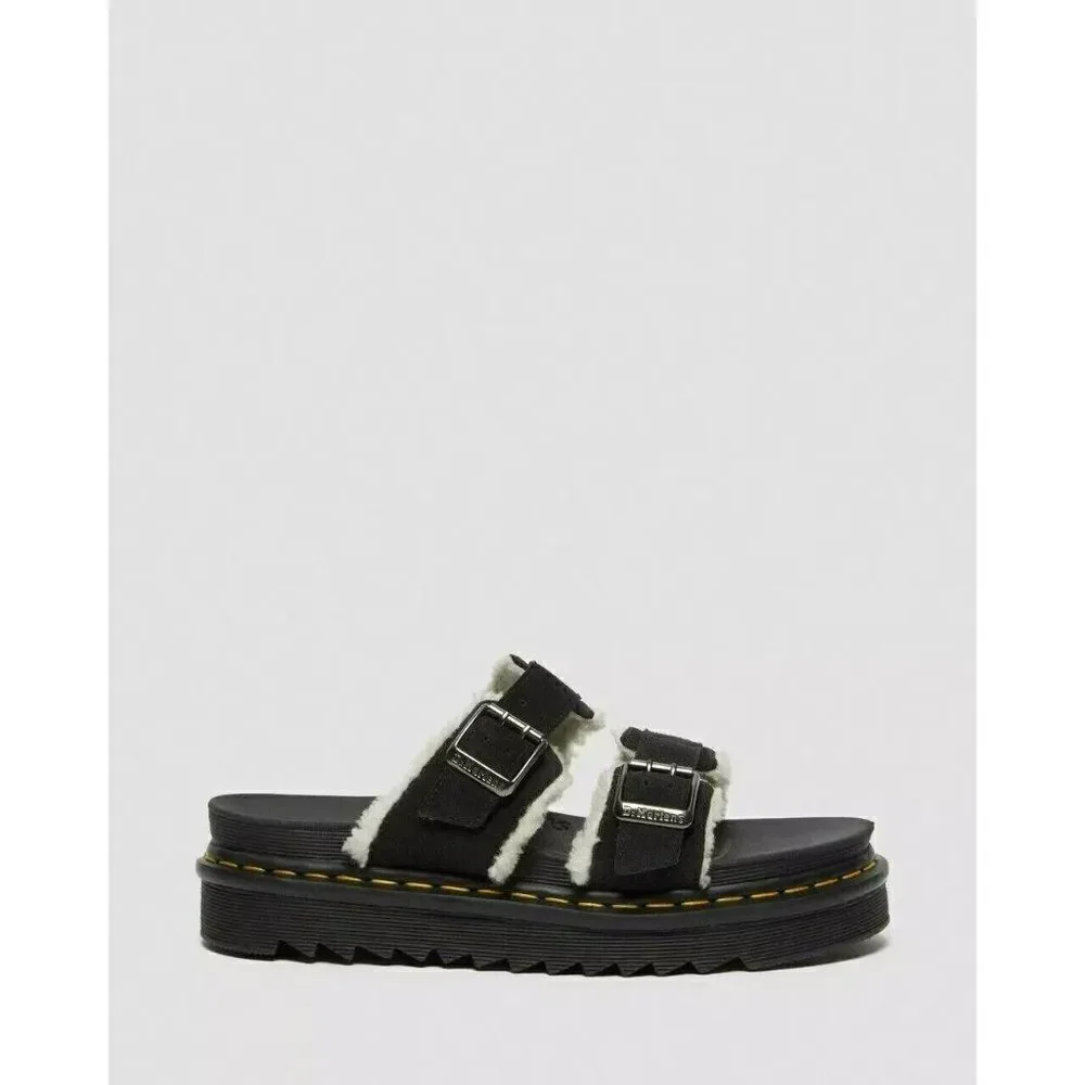 Dr. Martens Myles Sandals Unisex US M11 W12 Black Suede Faux Fur  Platform Slide